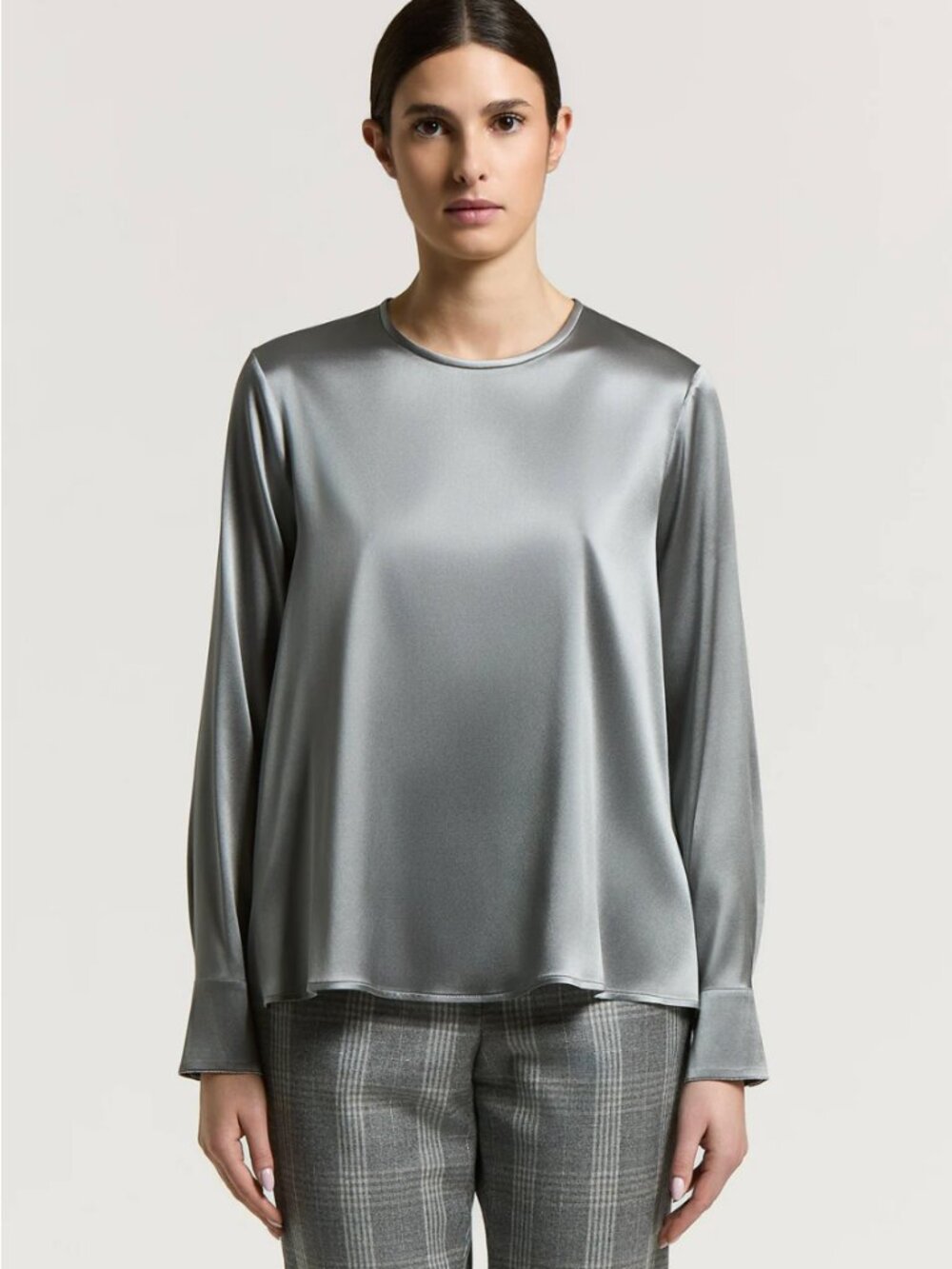 Peserico Shiny Silk Satin Crewneck Blouse in Silver Gray